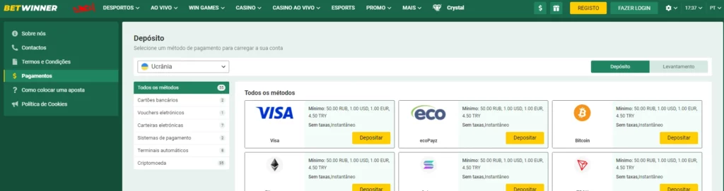 Métodos de Depósito Betwinner